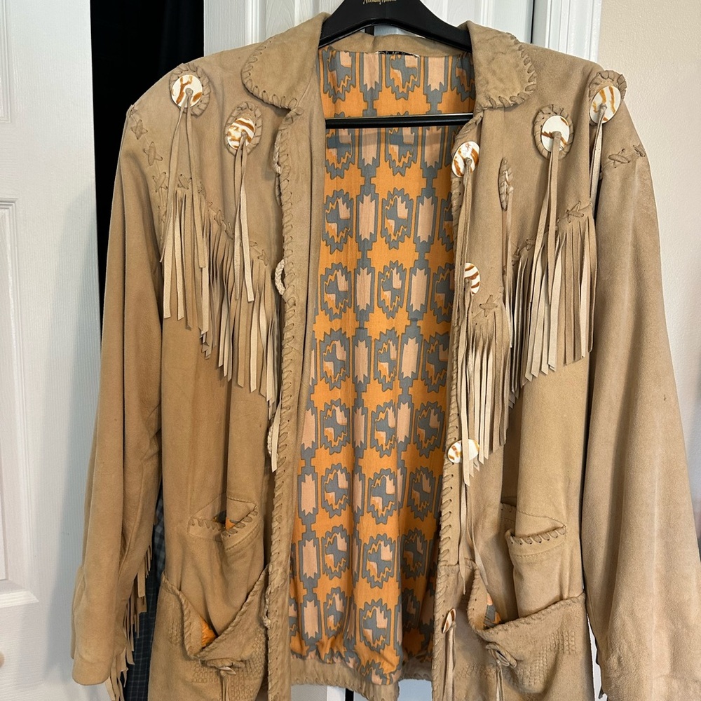 Searle Beige Leather Jacket with Fringe and Embroidery